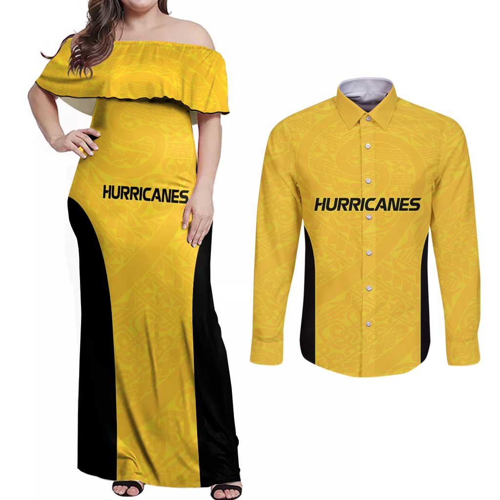 New Zealand Rugby Pacific Custom Couples Matching Off Shoulder Maxi Dress and Long Sleeve Button Shirt Hau Awhiowhio Maori Tribal Tattoo