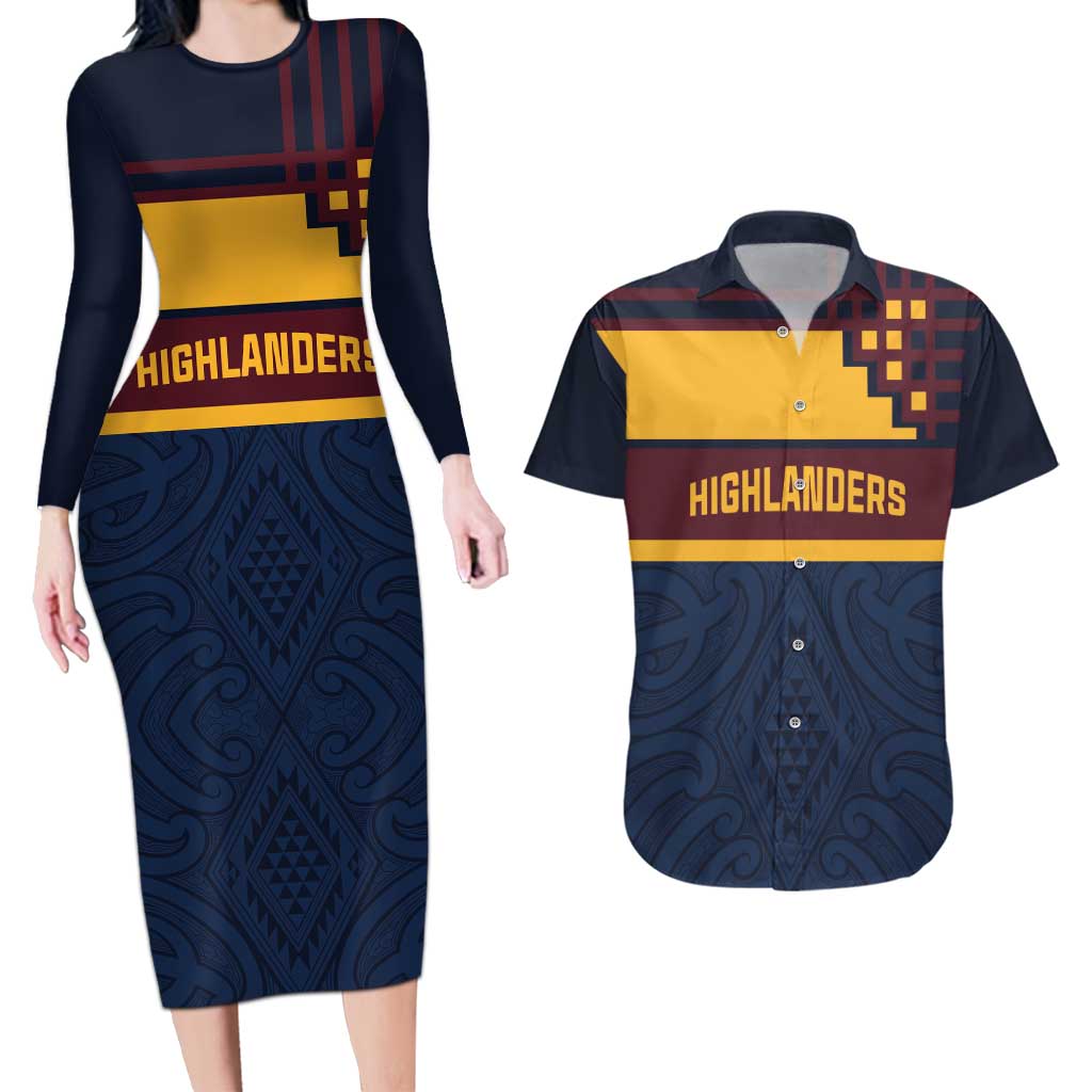 New Zealand Rugby Pacific Custom Couples Matching Long Sleeve Bodycon Dress and Hawaiian Shirt Kahupeka Retro 2025 Taniko Motif LT9 Blue - Polynesian Pride