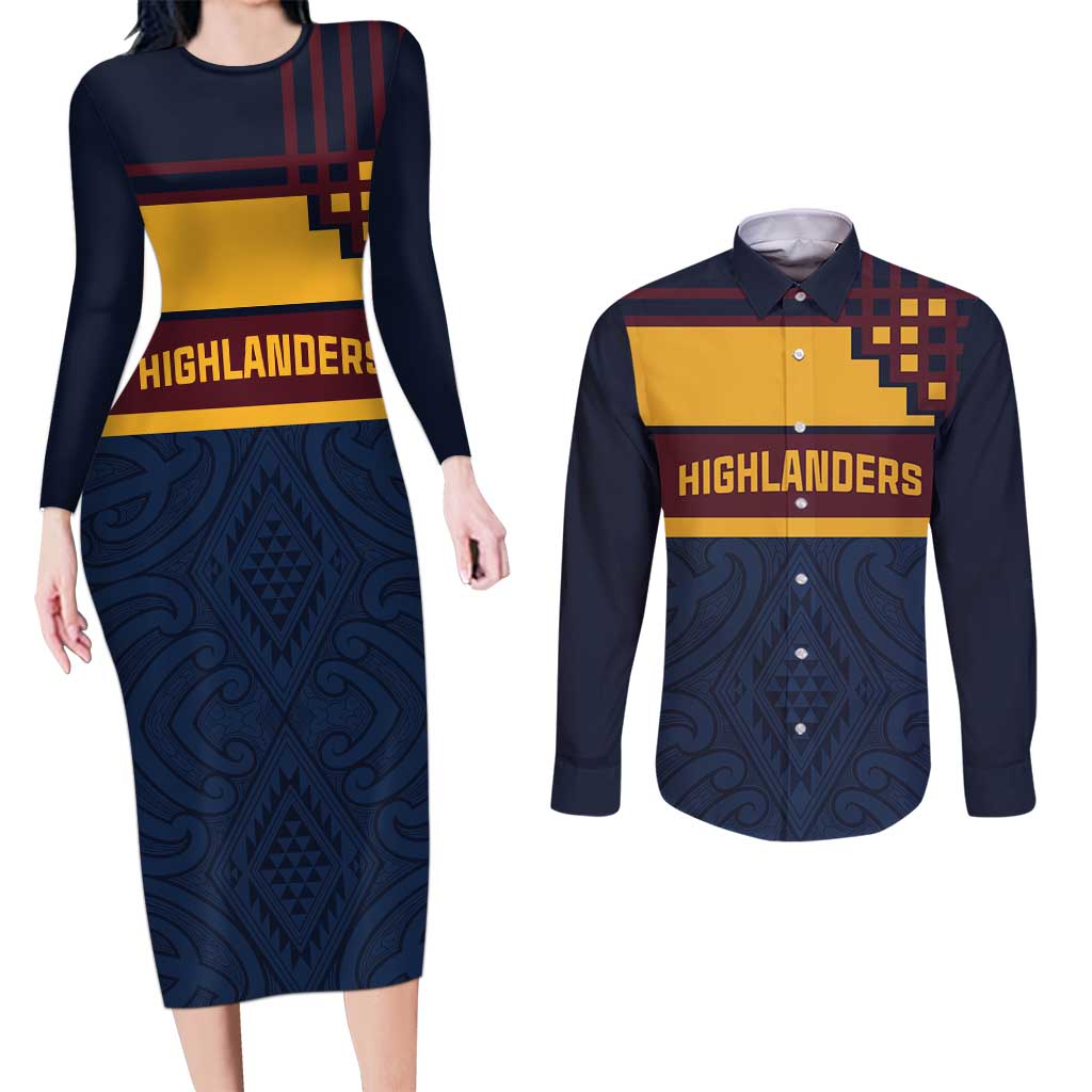 New Zealand Rugby Pacific Custom Couples Matching Long Sleeve Bodycon Dress and Long Sleeve Button Shirt Kahupeka Retro 2025 Taniko Motif
