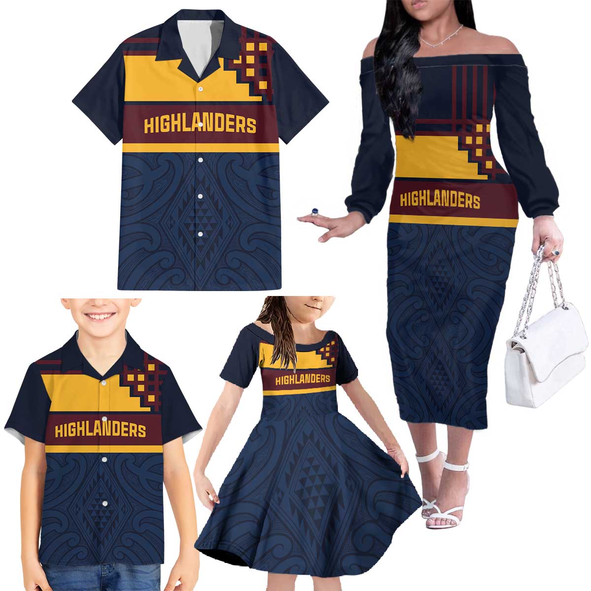 New Zealand Rugby Pacific Custom Family Matching Off The Shoulder Long Sleeve Dress and Hawaiian Shirt Kahupeka Retro 2025 Taniko Motif