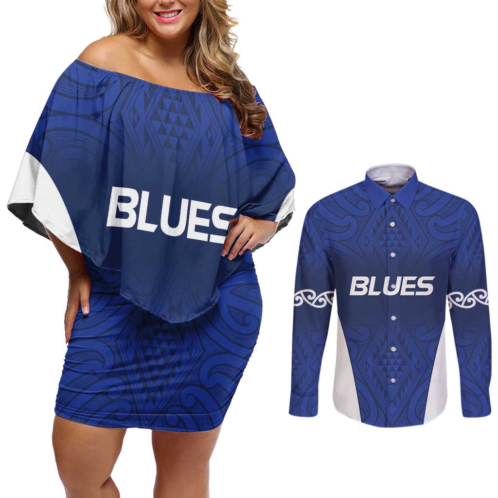 New Zealand Rugby Pacific Custom Couples Matching Off Shoulder Short Dress and Long Sleeve Button Shirt Kahurangi Auckland All Blue