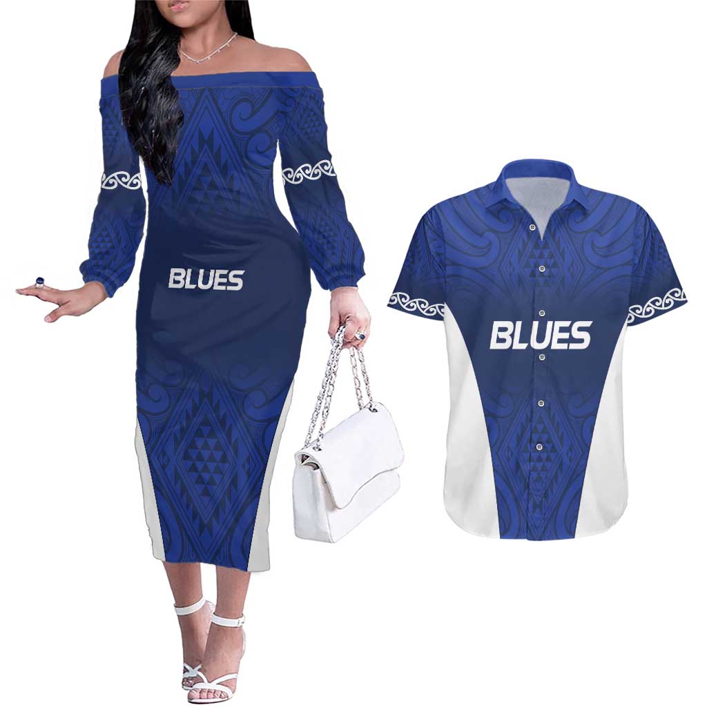New Zealand Rugby Pacific Custom Couples Matching Off The Shoulder Long Sleeve Dress and Hawaiian Shirt Kahurangi Auckland All Blue