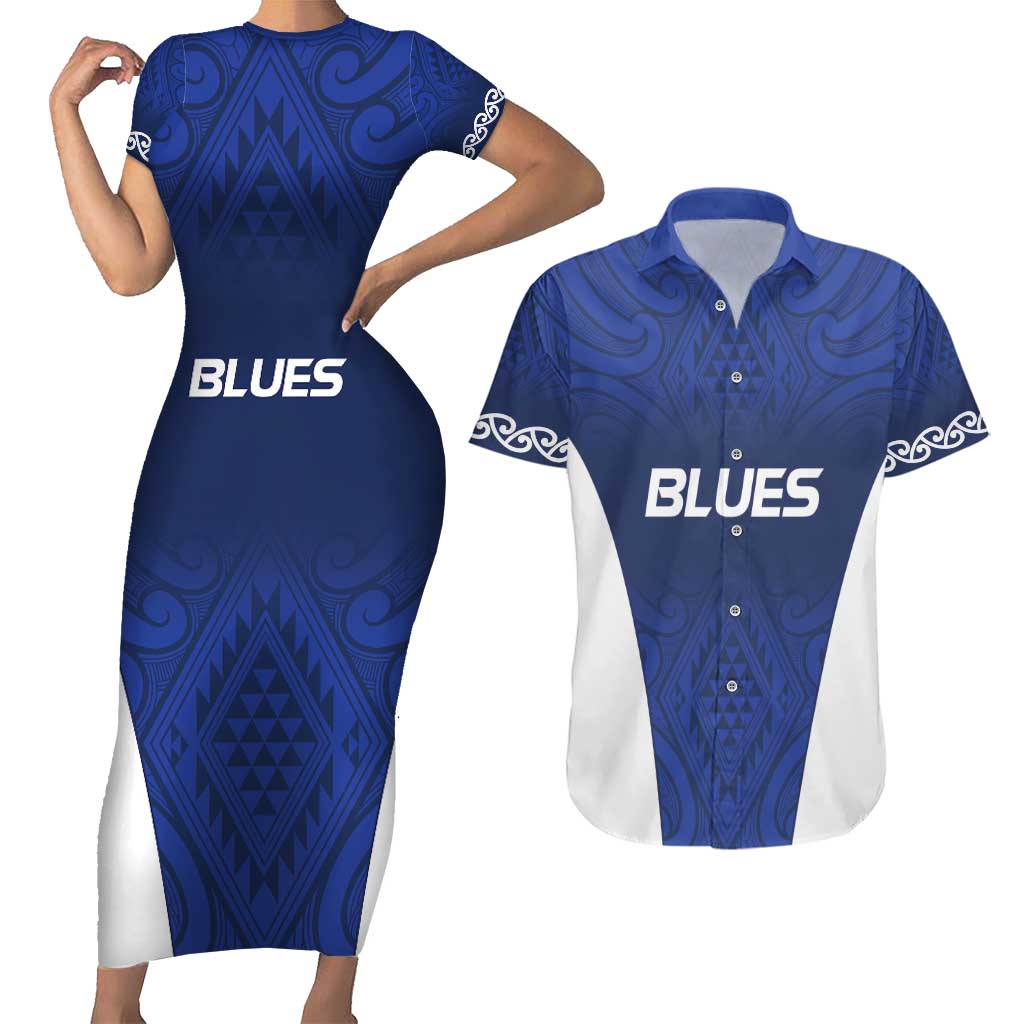 New Zealand Rugby Pacific Custom Couples Matching Short Sleeve Bodycon Dress and Hawaiian Shirt Kahurangi Auckland All Blue