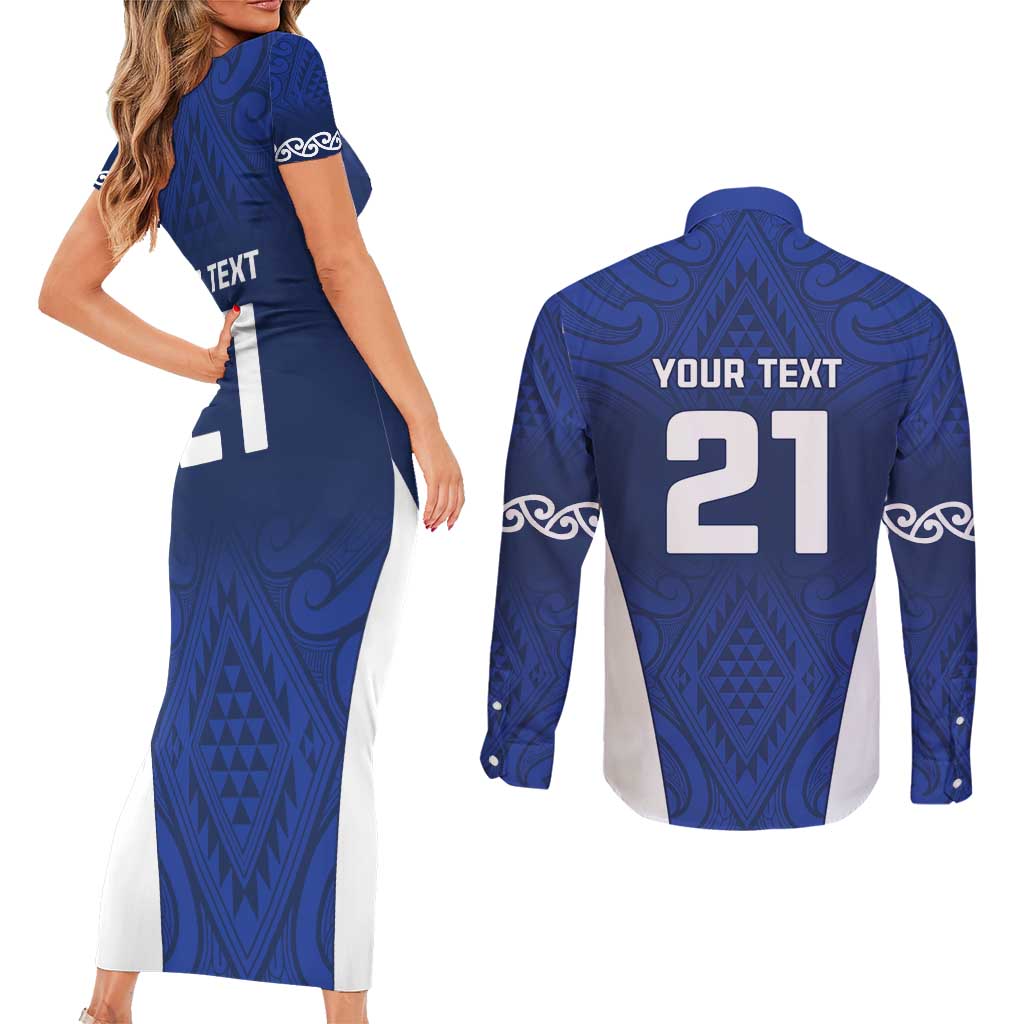New Zealand Rugby Pacific Custom Couples Matching Short Sleeve Bodycon Dress and Long Sleeve Button Shirt Kahurangi Auckland All Blue
