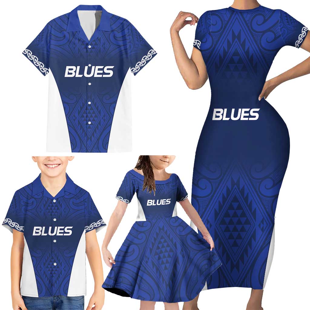 New Zealand Rugby Pacific Custom Family Matching Short Sleeve Bodycon Dress and Hawaiian Shirt Kahurangi Auckland All Blue