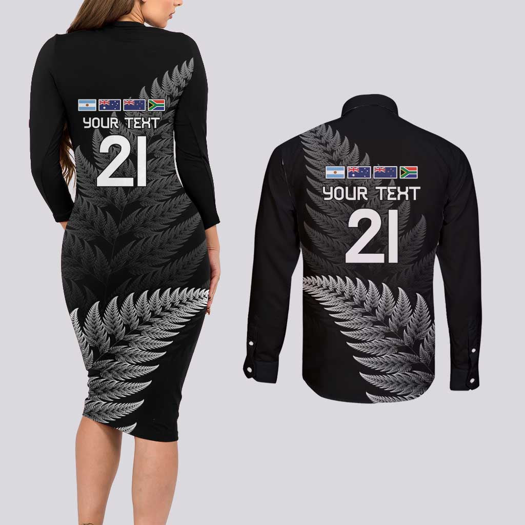 New Zealand Rugby Custom Couples Matching Long Sleeve Bodycon Dress and Long Sleeve Button Shirt Glory Be To Black Silver-fern - Polynesian Pride