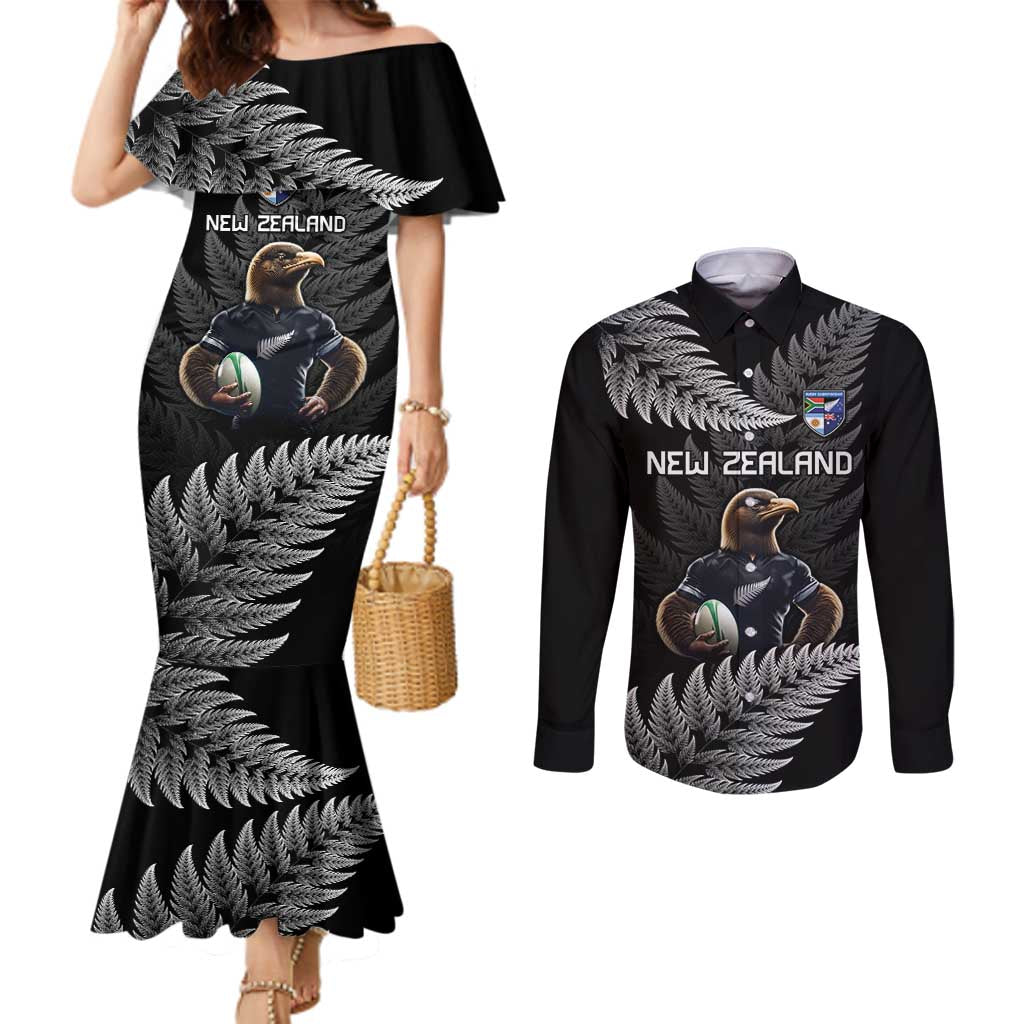 New Zealand Rugby Custom Couples Matching Mermaid Dress and Long Sleeve Button Shirt Glory Be To Black Silver-fern - Polynesian Pride