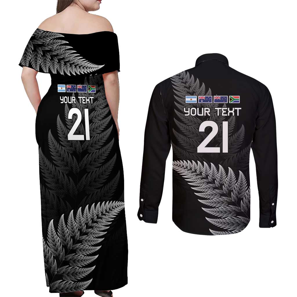 New Zealand Rugby Custom Couples Matching Off Shoulder Maxi Dress and Long Sleeve Button Shirt Glory Be To Black Silver-fern - Polynesian Pride