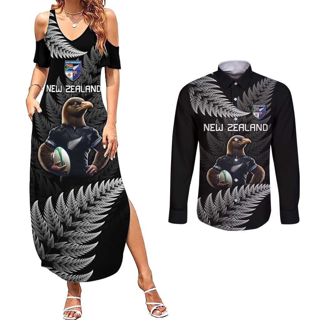 New Zealand Rugby Custom Couples Matching Summer Maxi Dress and Long Sleeve Button Shirt Glory Be To Black Silver-fern - Polynesian Pride