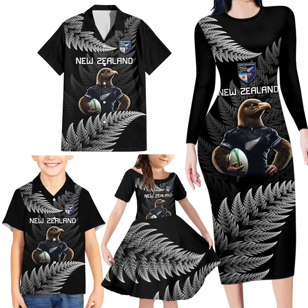 New Zealand Rugby Custom Family Matching Long Sleeve Bodycon Dress and Hawaiian Shirt Glory Be To Black Silver-fern - Polynesian Pride