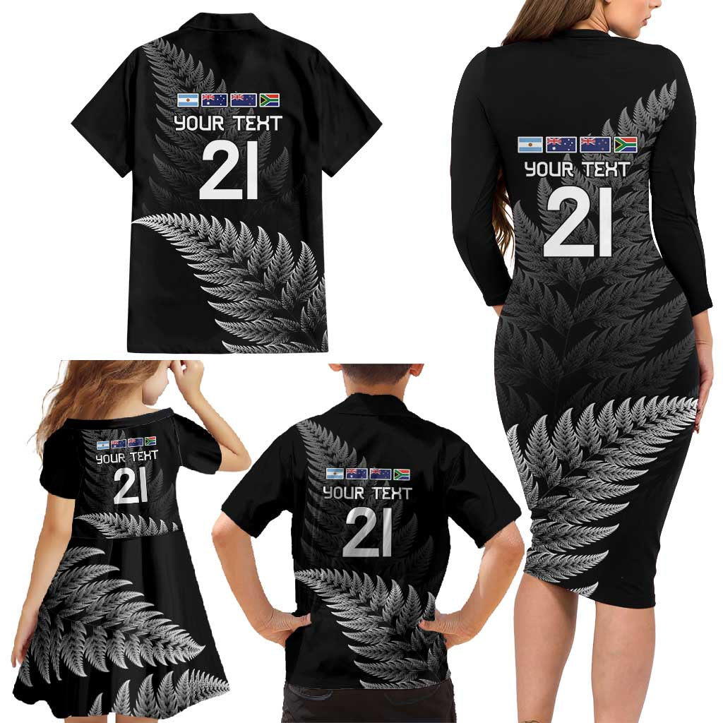New Zealand Rugby Custom Family Matching Long Sleeve Bodycon Dress and Hawaiian Shirt Glory Be To Black Silver-fern - Polynesian Pride