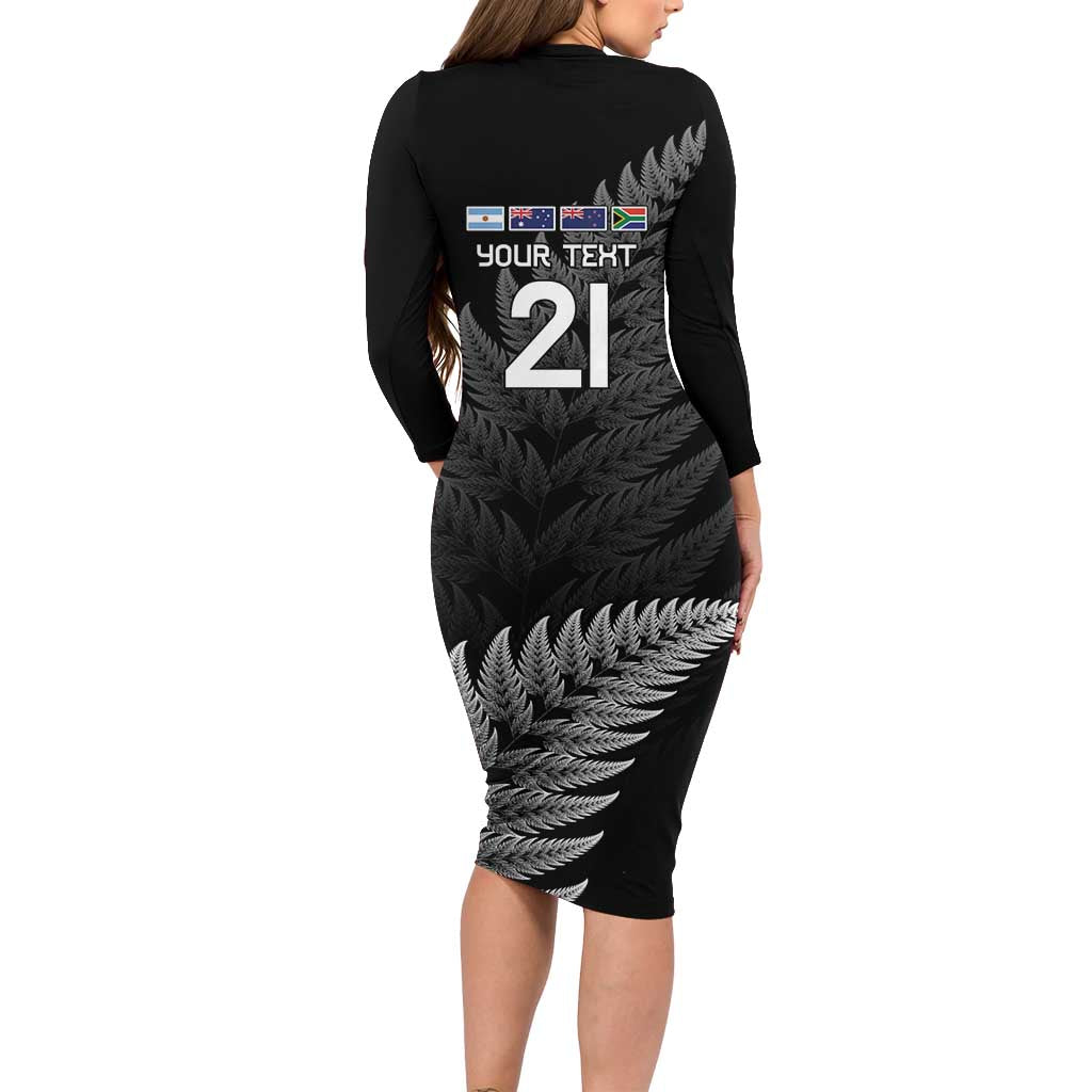 New Zealand Rugby Custom Family Matching Long Sleeve Bodycon Dress and Hawaiian Shirt Glory Be To Black Silver-fern - Polynesian Pride