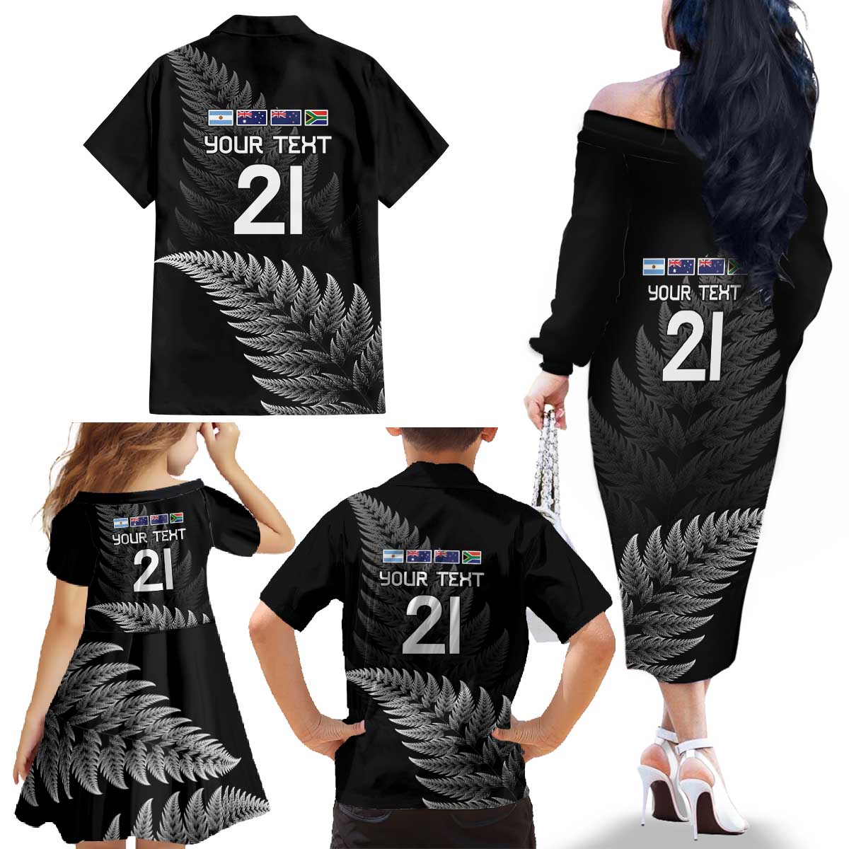 New Zealand Rugby Custom Family Matching Off The Shoulder Long Sleeve Dress and Hawaiian Shirt Glory Be To Black Silver-fern - Polynesian Pride