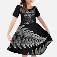 New Zealand Rugby Custom Family Matching Off Shoulder Maxi Dress and Hawaiian Shirt Glory Be To Black Silver-fern LT9 Daughter's Dress Black - Polynesian Pride