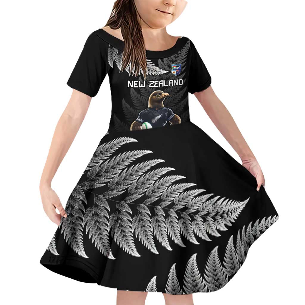 New Zealand Rugby Custom Family Matching Off Shoulder Short Dress and Hawaiian Shirt Glory Be To Black Silver-fern LT9 Daughter's Dress Black - Polynesian Pride