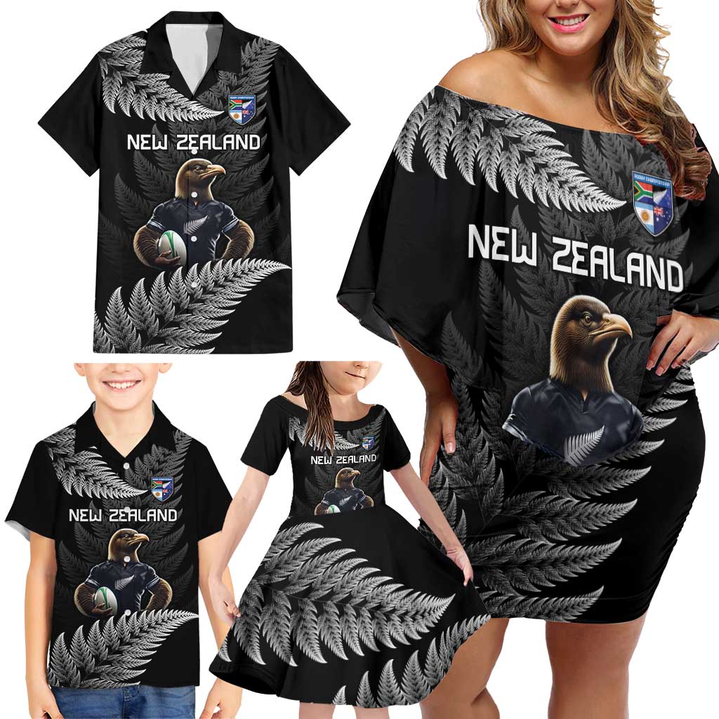 New Zealand Rugby Custom Family Matching Off Shoulder Short Dress and Hawaiian Shirt Glory Be To Black Silver-fern LT9 - Polynesian Pride