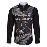 New Zealand Rugby Custom Family Matching Off Shoulder Short Dress and Hawaiian Shirt Glory Be To Black Silver-fern LT9 Dad's Shirt - Long Sleeve Black - Polynesian Pride