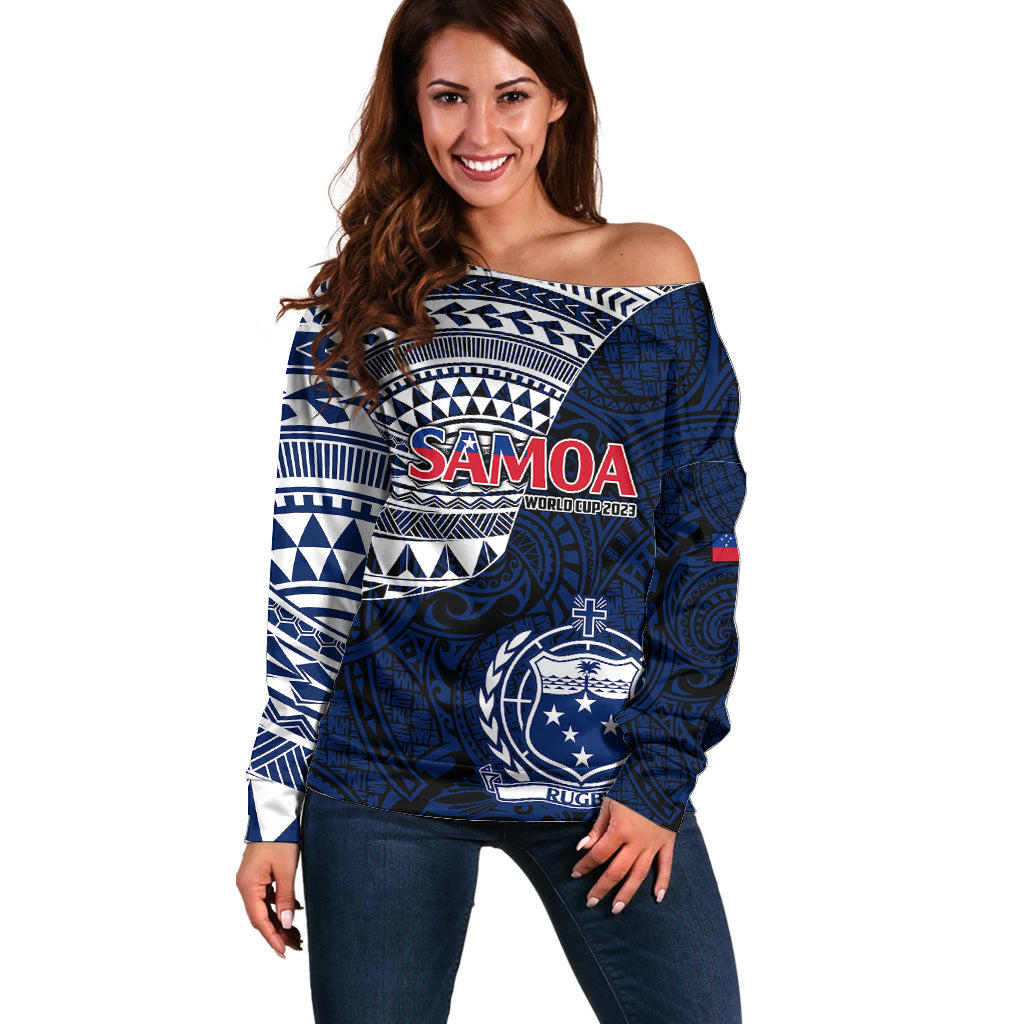 Samoa Rugby Off Shoulder Sweater Proud Samoa World Cup 2023 LT9 Women Blue - Polynesian Pride