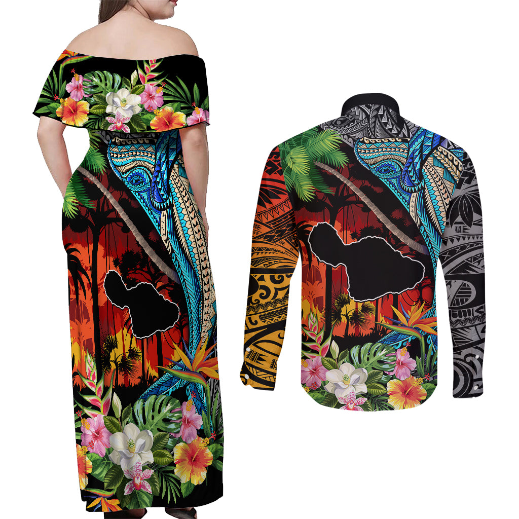 Hawaii Strong Maui Wildfire Couples Matching Off Shoulder Maxi Dress and Long Sleeve Button Shirts Pray For Lahaina Maui LT9 - Polynesian Pride