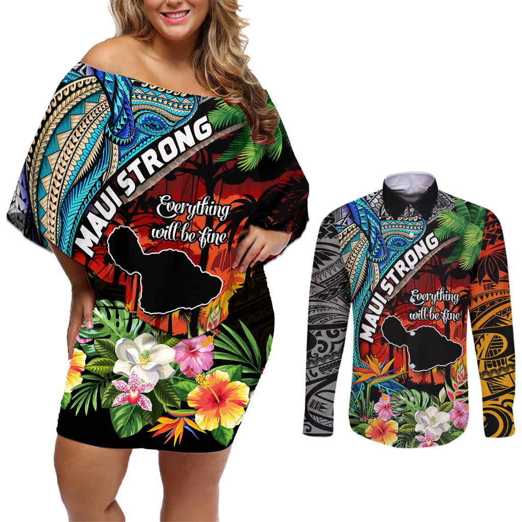 Hawaii Strong Maui Wildfire Couples Matching Off Shoulder Short Dress and Long Sleeve Button Shirts Pray For Lahaina Maui LT9 Black - Polynesian Pride