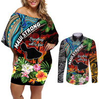 Hawaii Strong Maui Wildfire Couples Matching Off Shoulder Short Dress and Long Sleeve Button Shirts Pray For Lahaina Maui LT9 Black - Polynesian Pride