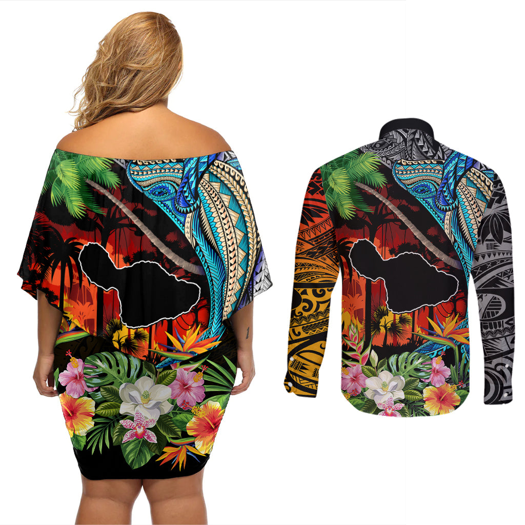 Hawaii Strong Maui Wildfire Couples Matching Off Shoulder Short Dress and Long Sleeve Button Shirts Pray For Lahaina Maui LT9 - Polynesian Pride