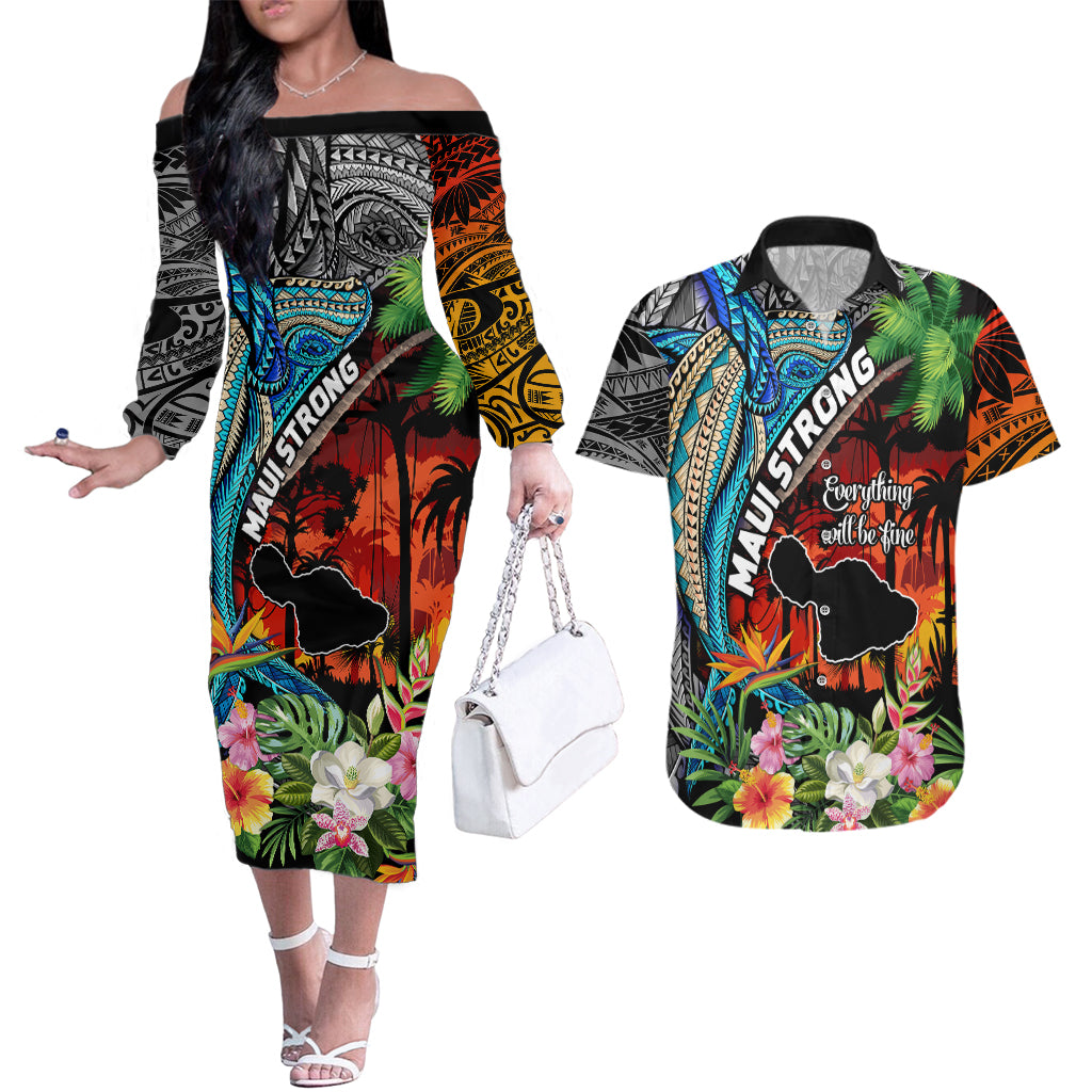 Hawaii Strong Maui Wildfire Couples Matching Off The Shoulder Long Sleeve Dress and Hawaiian Shirt Pray For Lahaina Maui LT9 Black - Polynesian Pride