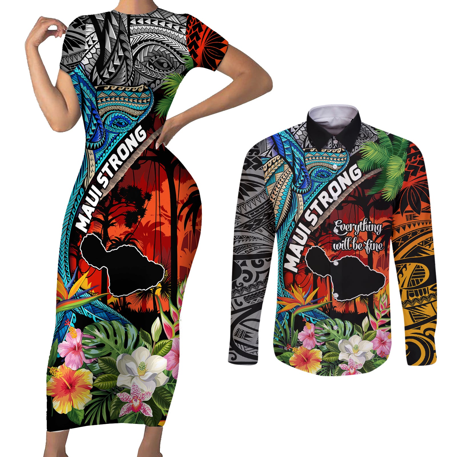 Hawaii Strong Maui Wildfire Couples Matching Short Sleeve Bodycon Dress and Long Sleeve Button Shirts Pray For Lahaina Maui LT9 Black - Polynesian Pride