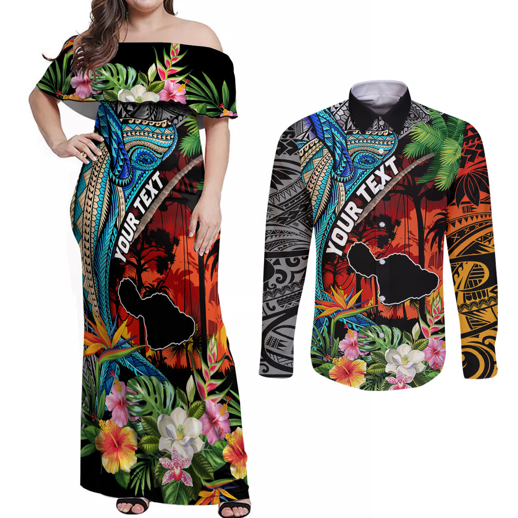 Personalised Hawaii Strong Maui Wildfire Couples Matching Off Shoulder Maxi Dress and Long Sleeve Button Shirts Pray For Lahaina Maui LT9 Black - Polynesian Pride