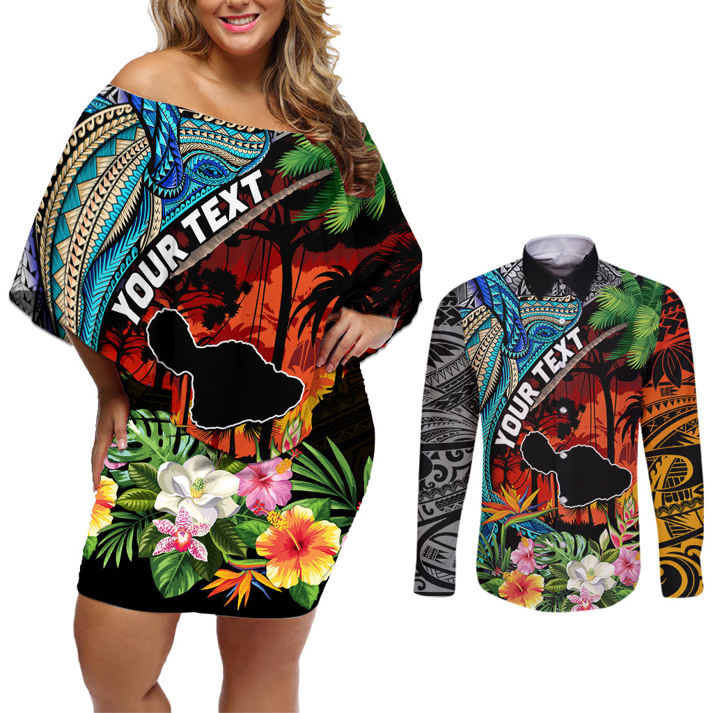 Personalised Hawaii Strong Maui Wildfire Couples Matching Off Shoulder Short Dress and Long Sleeve Button Shirts Pray For Lahaina Maui LT9 Black - Polynesian Pride