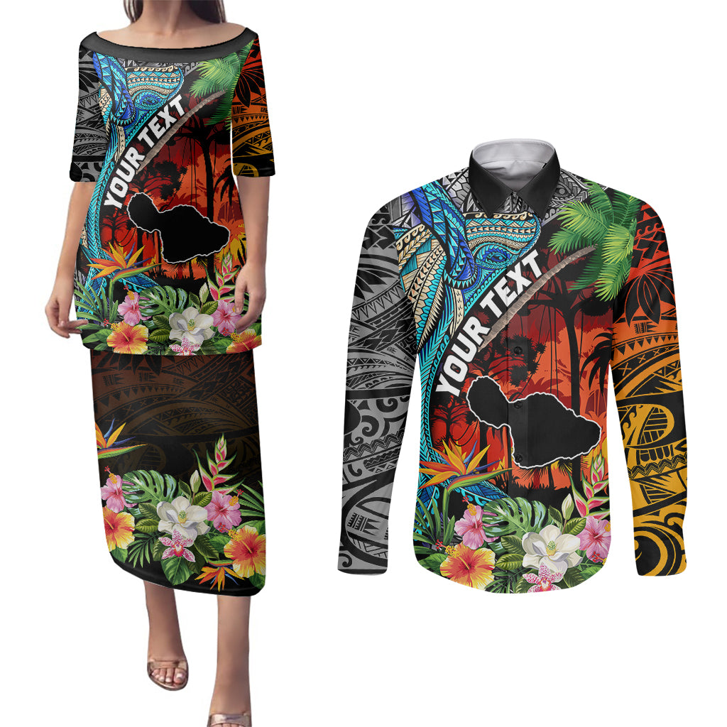 Personalised Hawaii Strong Maui Wildfire Couples Matching Puletasi Dress and Long Sleeve Button Shirts Pray For Lahaina Maui LT9 Black - Polynesian Pride