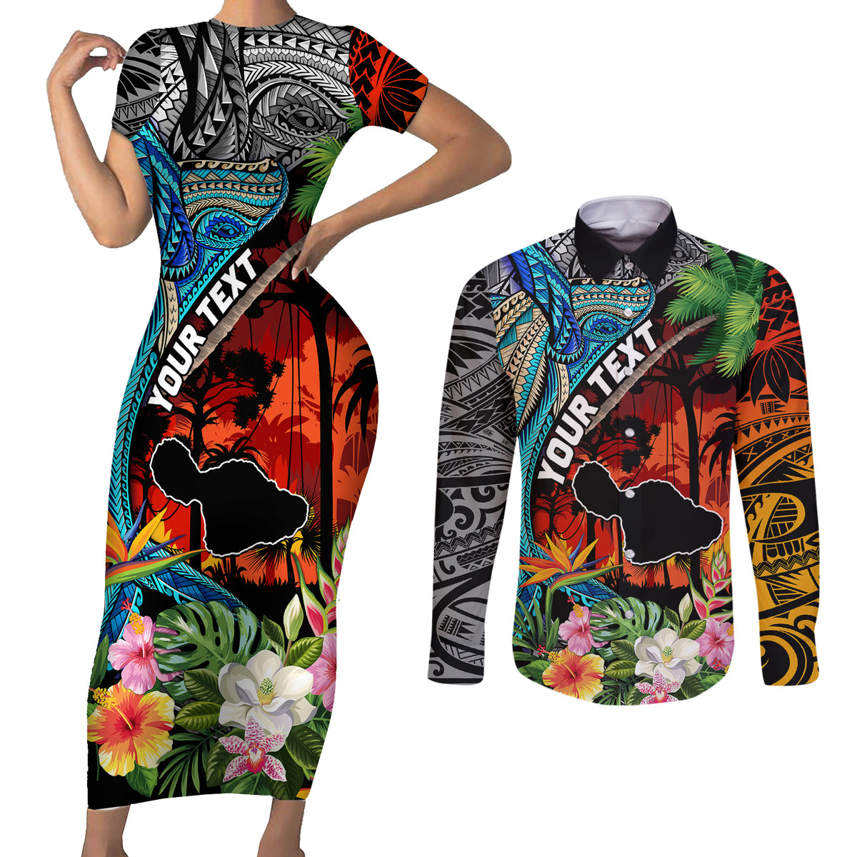 Personalised Hawaii Strong Maui Wildfire Couples Matching Short Sleeve Bodycon Dress and Long Sleeve Button Shirts Pray For Lahaina Maui LT9 Black - Polynesian Pride