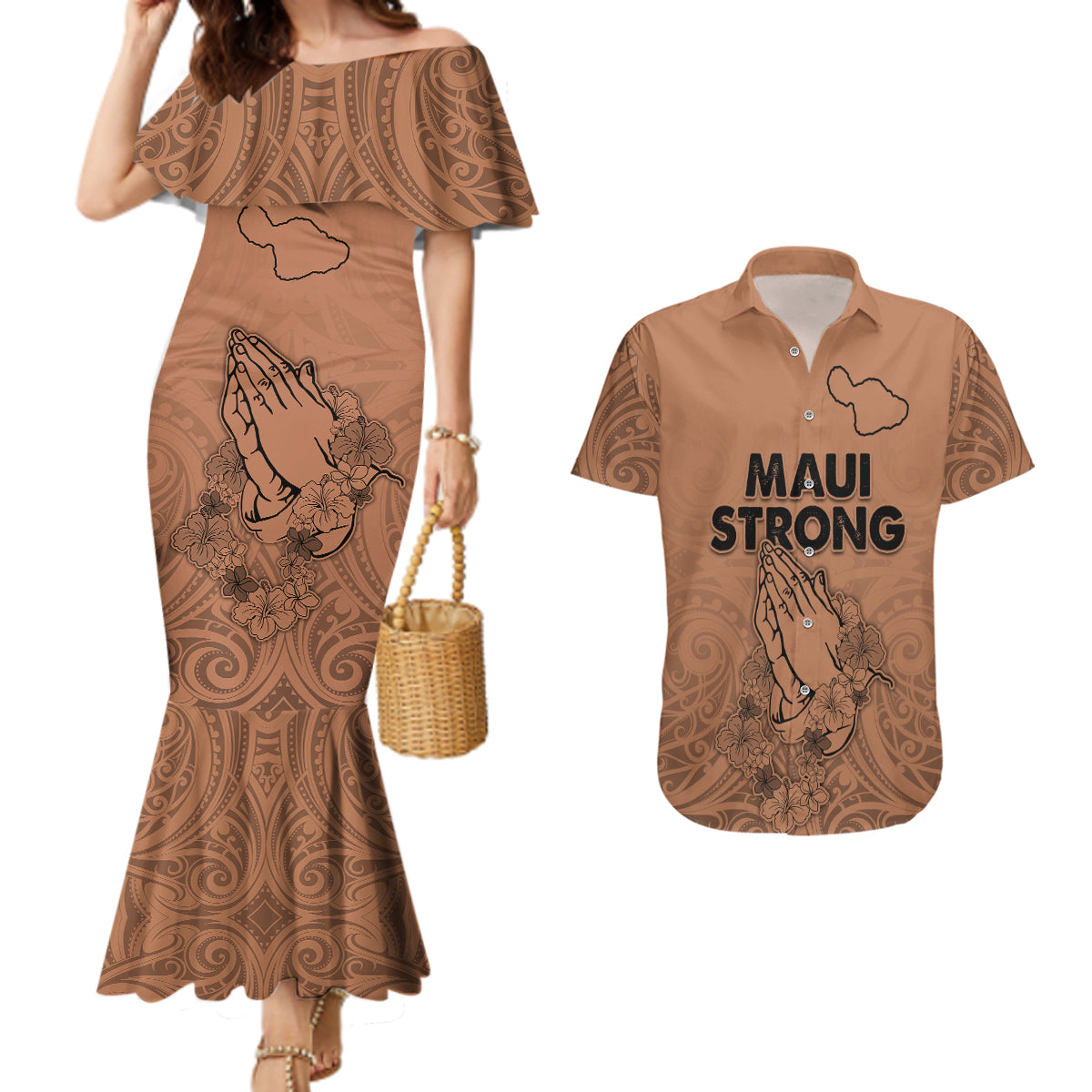 Hawaii Strong Maui Wildfire Couples Matching Mermaid Dress and Hawaiian Shirt No1 LT9 Gold - Polynesian Pride