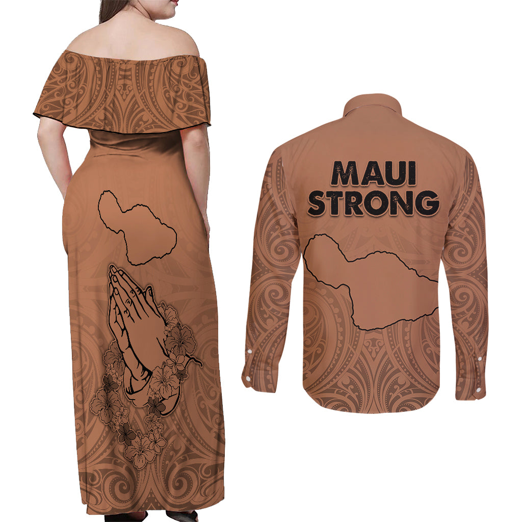 Hawaii Strong Maui Wildfire Couples Matching Off Shoulder Maxi Dress and Long Sleeve Button Shirts No1 LT9 - Polynesian Pride