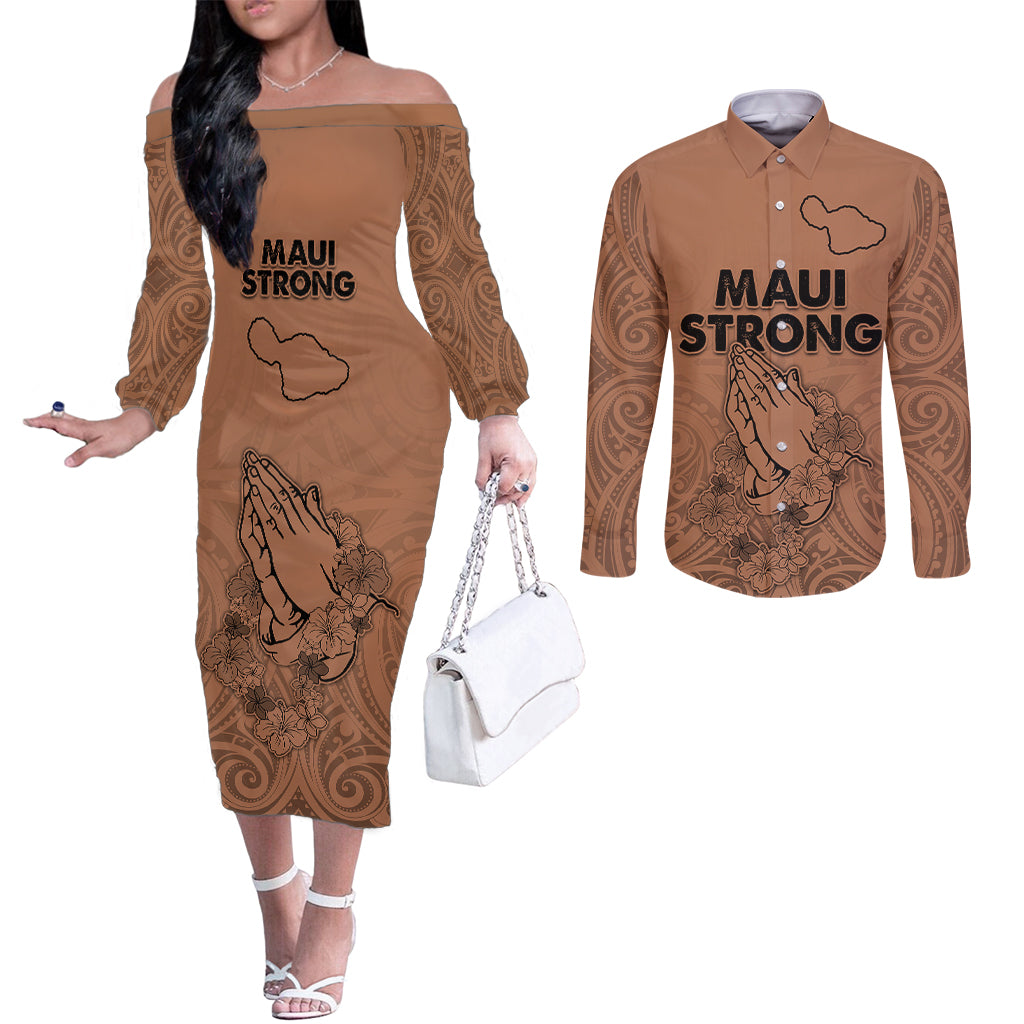 Hawaii Strong Maui Wildfire Couples Matching Off The Shoulder Long Sleeve Dress and Long Sleeve Button Shirts No1 LT9 Gold - Polynesian Pride