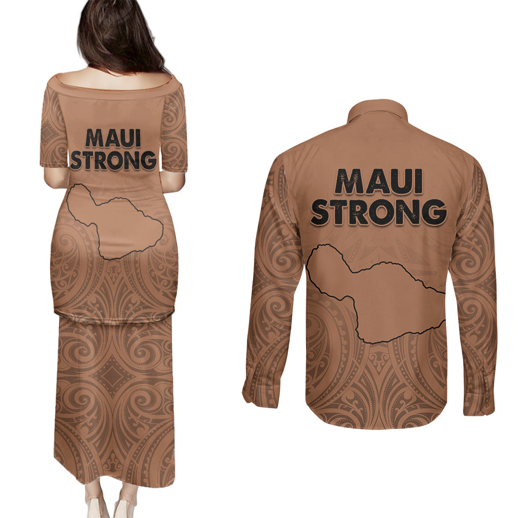 Hawaii Strong Maui Wildfire Couples Matching Puletasi Dress and Long Sleeve Button Shirts No1 LT9 - Polynesian Pride