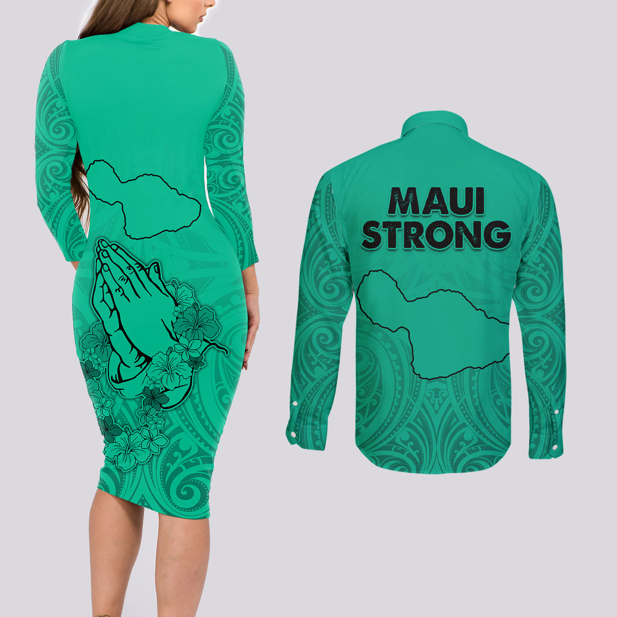 Hawaii Strong Maui Wildfire Couples Matching Long Sleeve Bodycon Dress and Long Sleeve Button Shirts No2 LT9 - Polynesian Pride