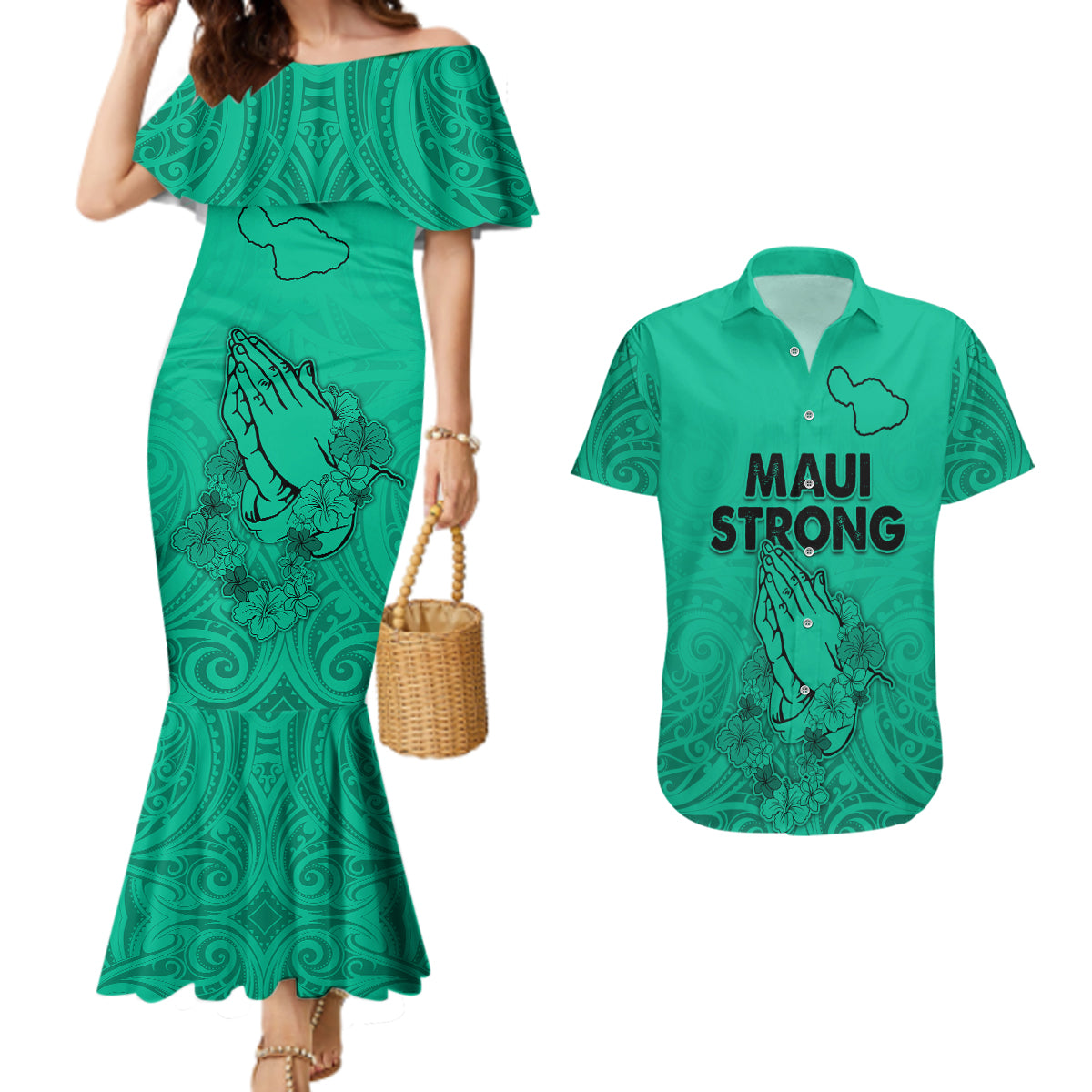 Hawaii Strong Maui Wildfire Couples Matching Mermaid Dress and Hawaiian Shirt No2 LT9 Green - Polynesian Pride