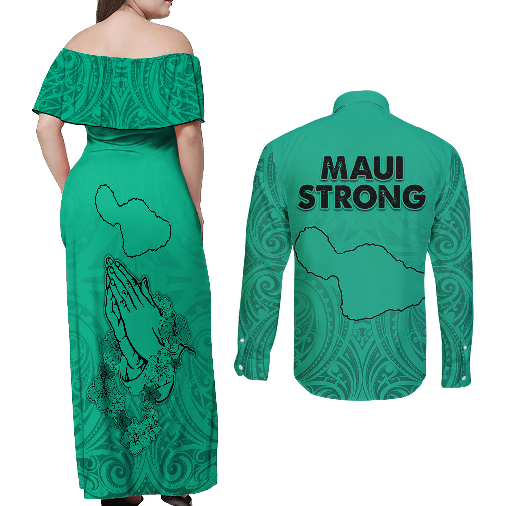 Hawaii Strong Maui Wildfire Couples Matching Off Shoulder Maxi Dress and Long Sleeve Button Shirts No2 LT9 - Polynesian Pride