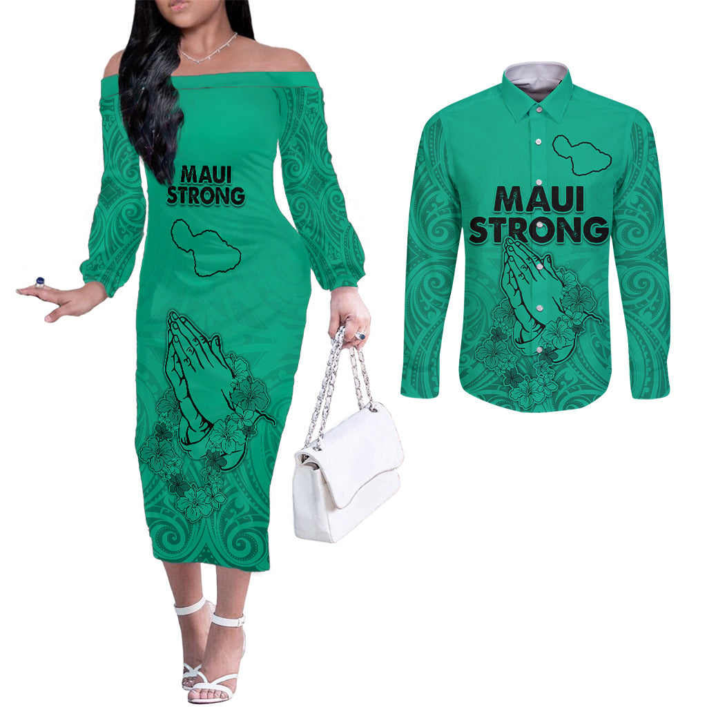 Hawaii Strong Maui Wildfire Couples Matching Off The Shoulder Long Sleeve Dress and Long Sleeve Button Shirts No2 LT9 Green - Polynesian Pride