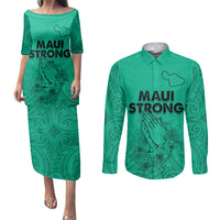 Hawaii Strong Maui Wildfire Couples Matching Puletasi Dress and Long Sleeve Button Shirts No2 LT9 Green - Polynesian Pride