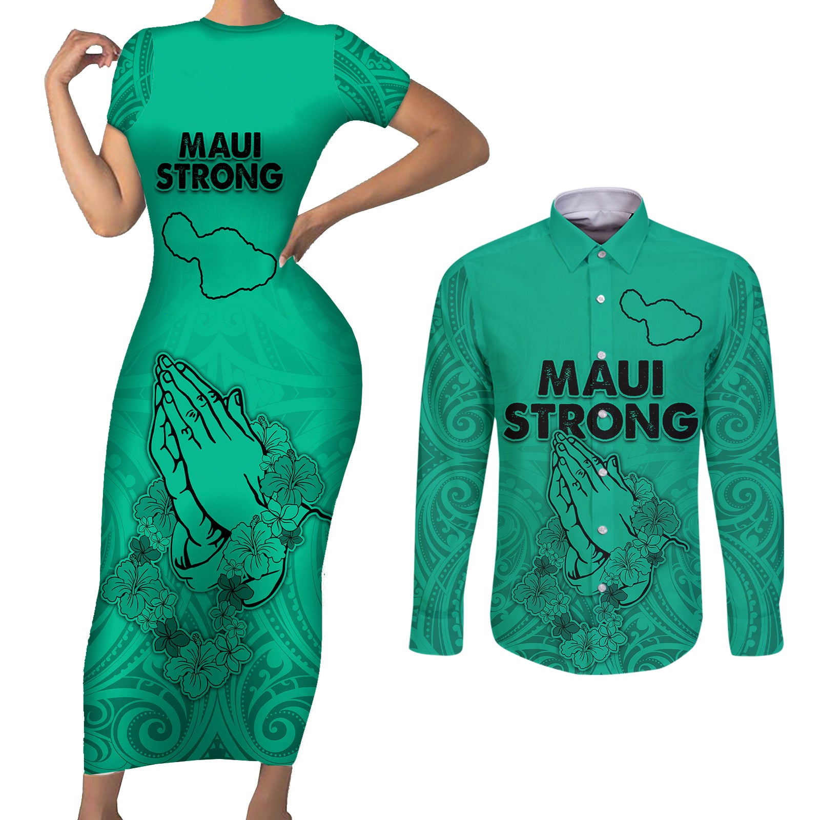 Hawaii Strong Maui Wildfire Couples Matching Short Sleeve Bodycon Dress and Long Sleeve Button Shirts No2 LT9 Green - Polynesian Pride