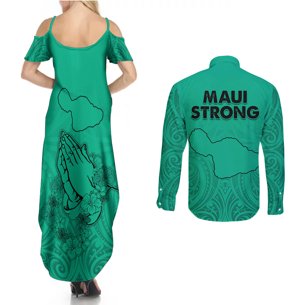 Hawaii Strong Maui Wildfire Couples Matching Summer Maxi Dress and Long Sleeve Button Shirts No2 LT9 - Polynesian Pride