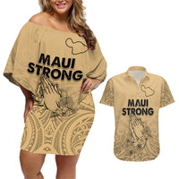 Hawaii Strong Maui Wildfire Couples Matching Off Shoulder Short Dress and Hawaiian Shirt No3 LT9 Nude - Polynesian Pride