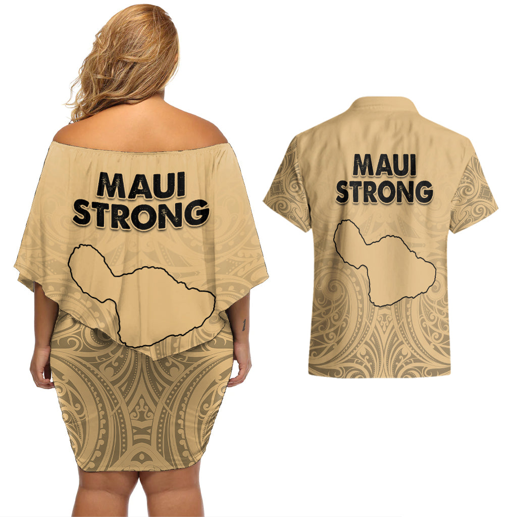 Hawaii Strong Maui Wildfire Couples Matching Off Shoulder Short Dress and Hawaiian Shirt No3 LT9 - Polynesian Pride