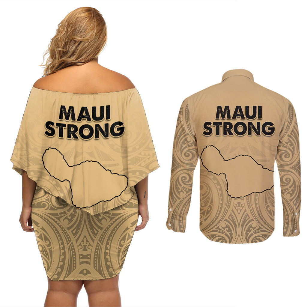 Hawaii Strong Maui Wildfire Couples Matching Off Shoulder Short Dress and Long Sleeve Button Shirts No3 LT9 - Polynesian Pride