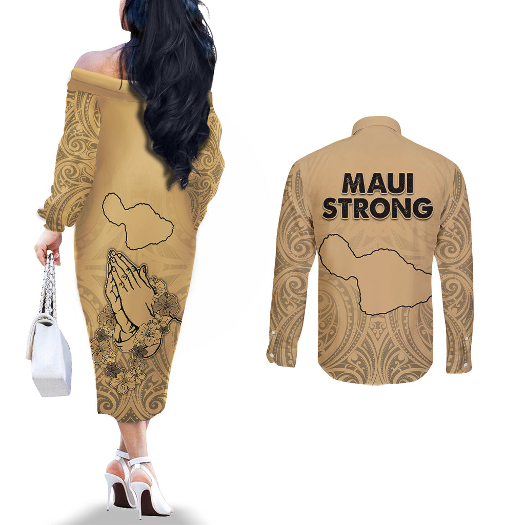 Hawaii Strong Maui Wildfire Couples Matching Off The Shoulder Long Sleeve Dress and Long Sleeve Button Shirts No3 LT9 - Polynesian Pride