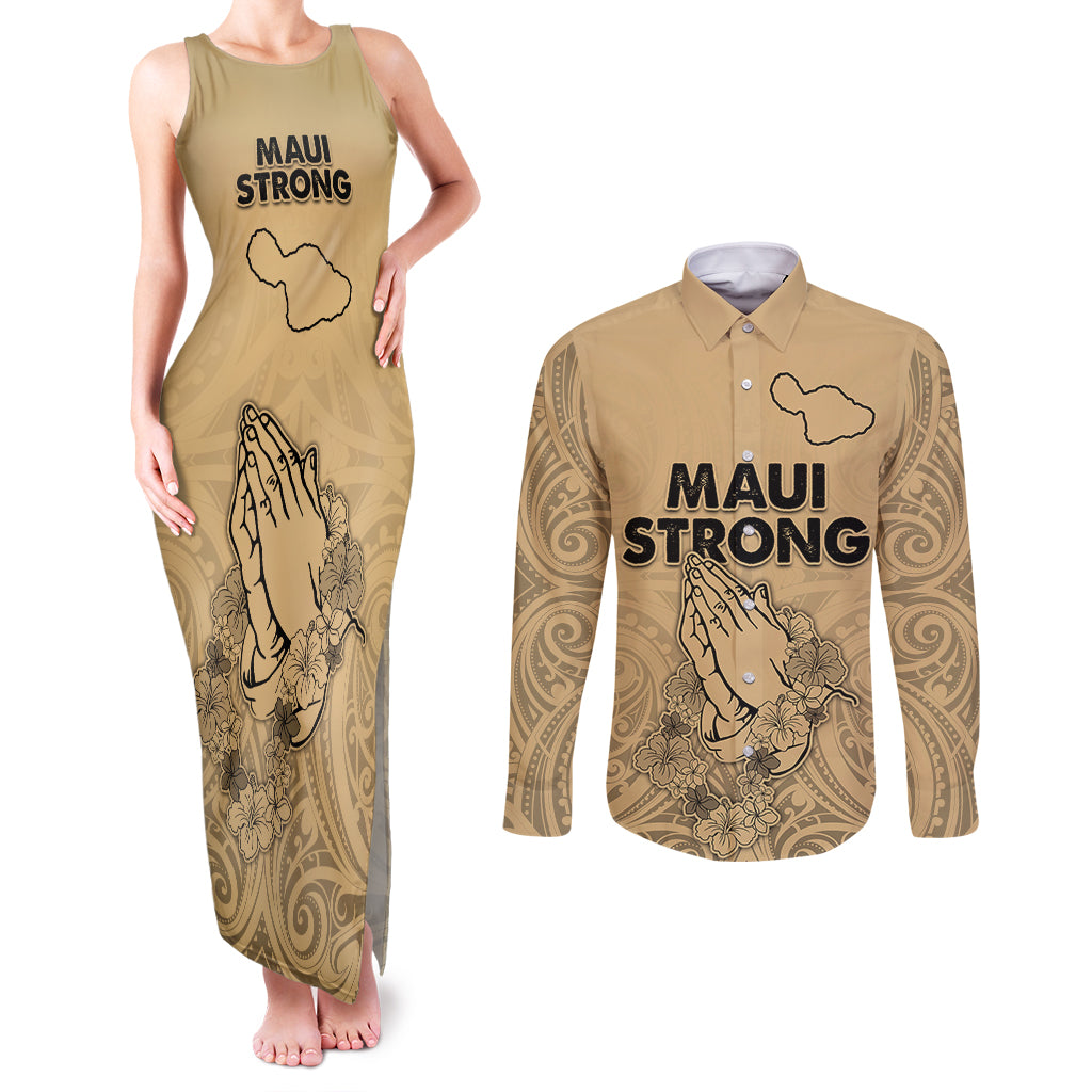 Hawaii Strong Maui Wildfire Couples Matching Tank Maxi Dress and Long Sleeve Button Shirts No3 LT9 Nude - Polynesian Pride