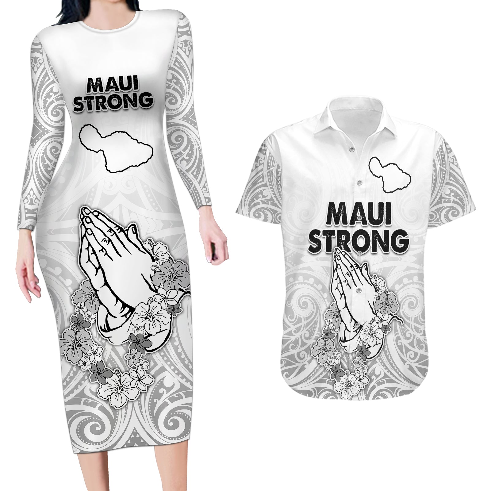 Hawaii Strong Maui Wildfire Couples Matching Long Sleeve Bodycon Dress and Hawaiian Shirt No4 LT9 White - Polynesian Pride