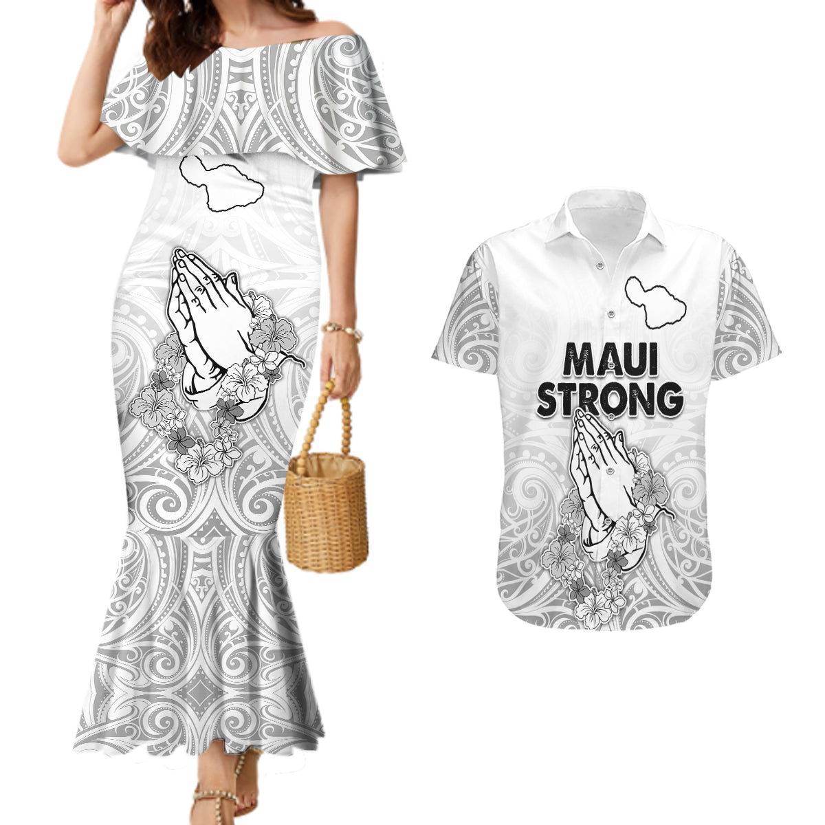 Hawaii Strong Maui Wildfire Couples Matching Mermaid Dress and Hawaiian Shirt No4 LT9 White - Polynesian Pride